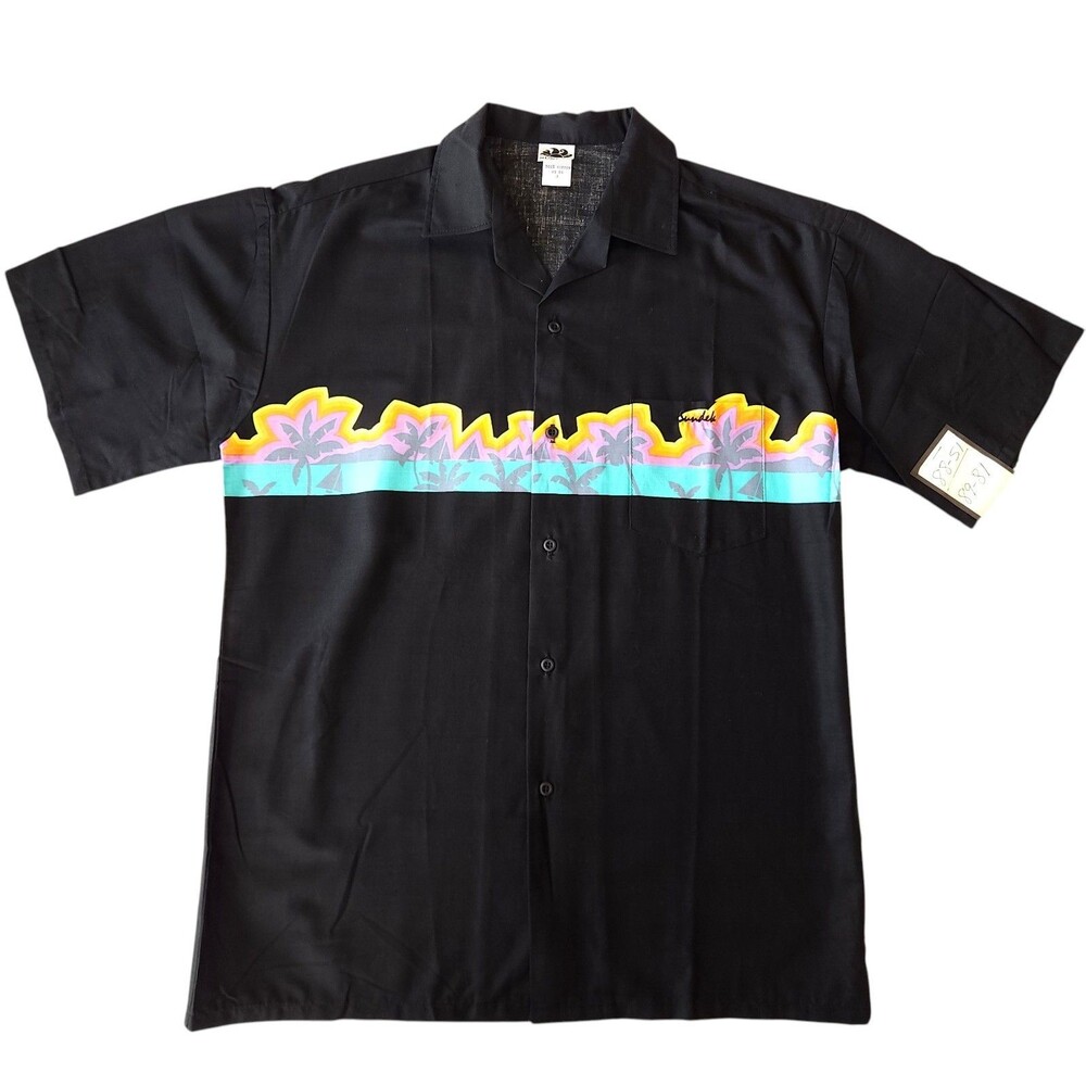 Vintage Sundek 1989 Men's M Camp Shirt Black Neon Palm Tree Made In USA Sample